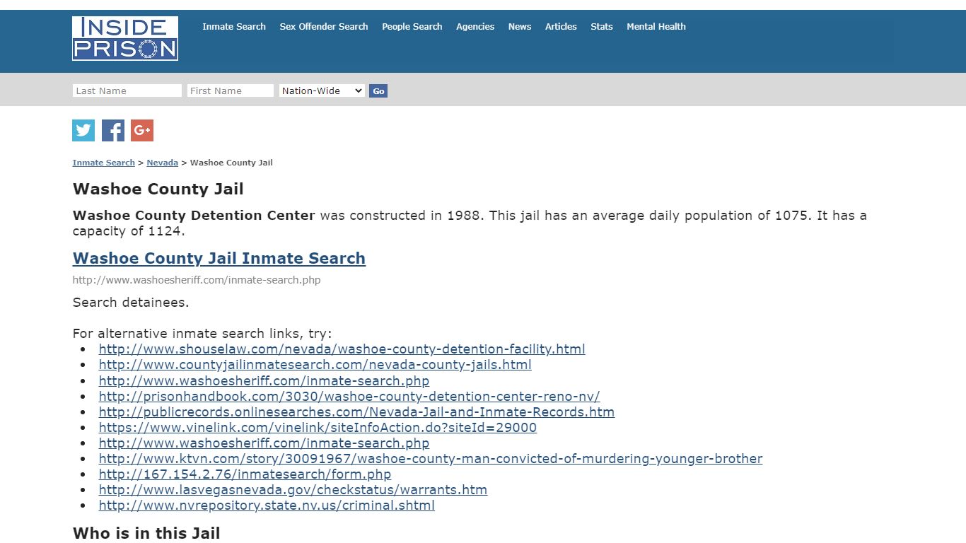 Washoe County Jail - Nevada - Inmate Search